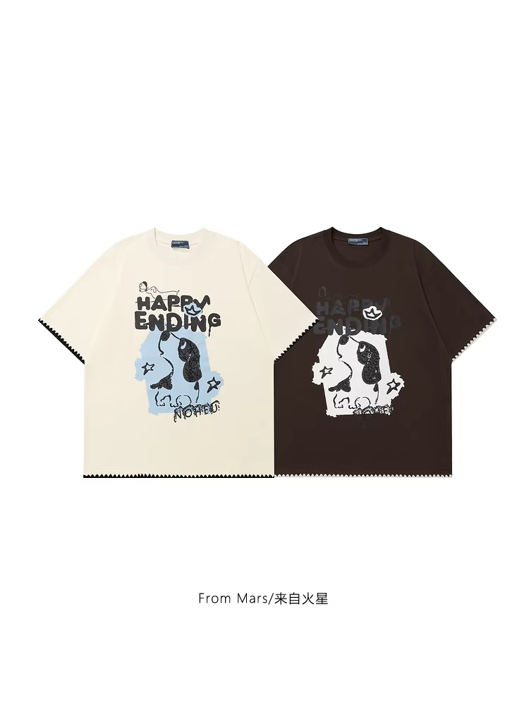 From Mars Happy Ending Áo thun ngắn tay dáng rộng in hình chó con phong cách Hàn Quốc dành cho nam và nữ