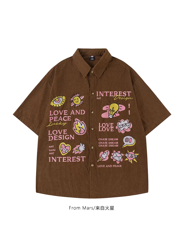 From Mars thích thiết kế áo sơ mi ngắn tay chất liệu vải nhung kẻ in thêu theo phong cách Nhật Bản hợp thời trang dành cho mùa hè BF.