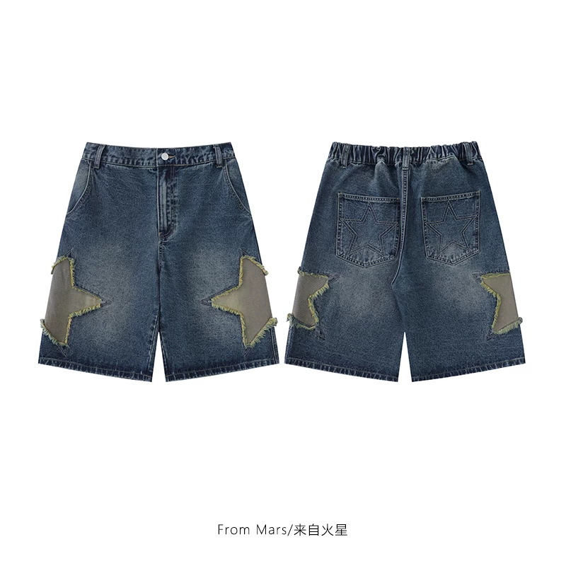 Quần short denim ống thẳng thêu hình ngôi sao theo phong cách đường phố của thương hiệu Mars thời thượng, kiểu dáng rộng rãi, đa năng, dài đến đầu gối
