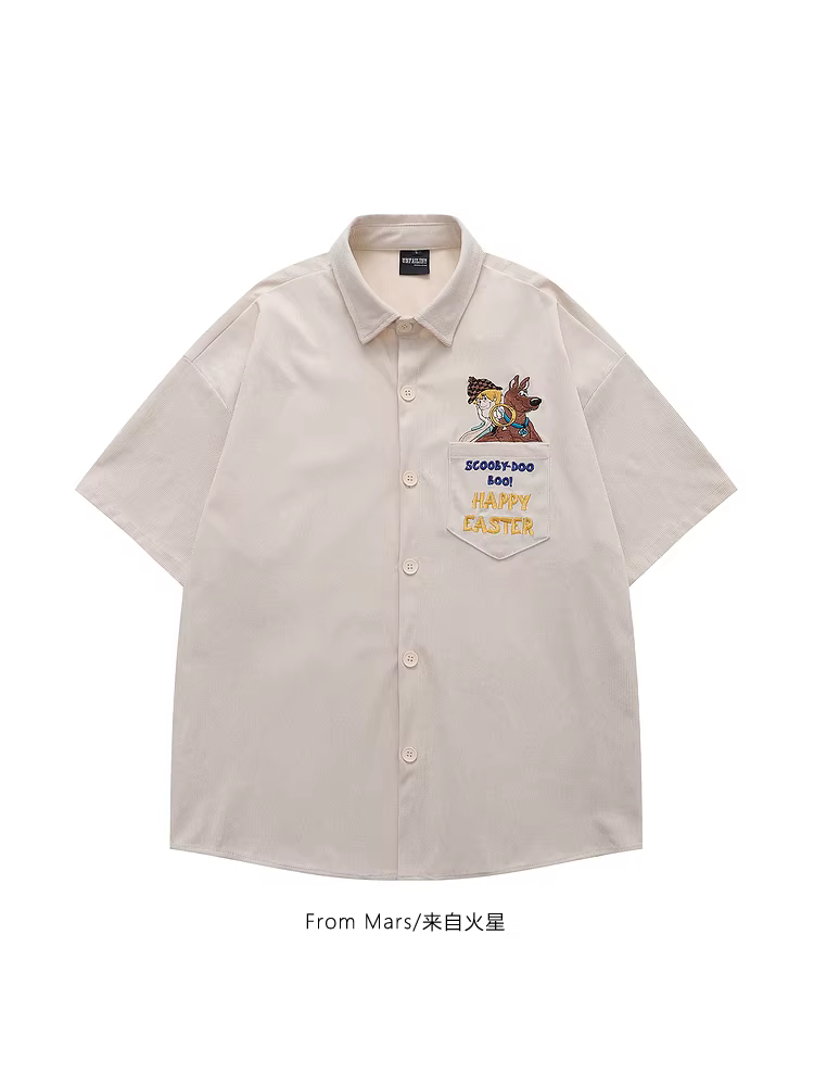 From Mars Happy Mood American High Street Vibe Áo sơ mi ngắn tay dáng rộng thêu kiểu cổ điển bằng vải nhung