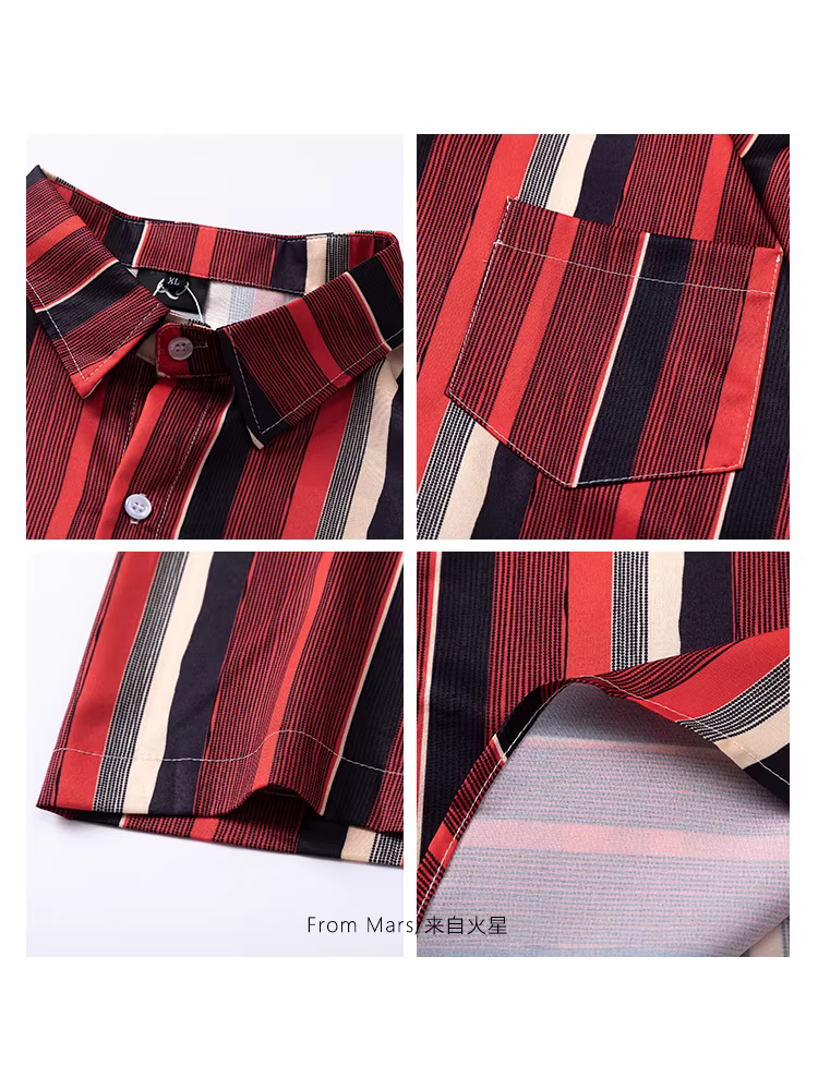 Từ thương hiệu Never Stop, một thương hiệu thời thượng có phong cách thiết kế, áo sơ mi ngắn tay có cổ sọc dọc màu đỏ, dáng rộng và thoải mái.