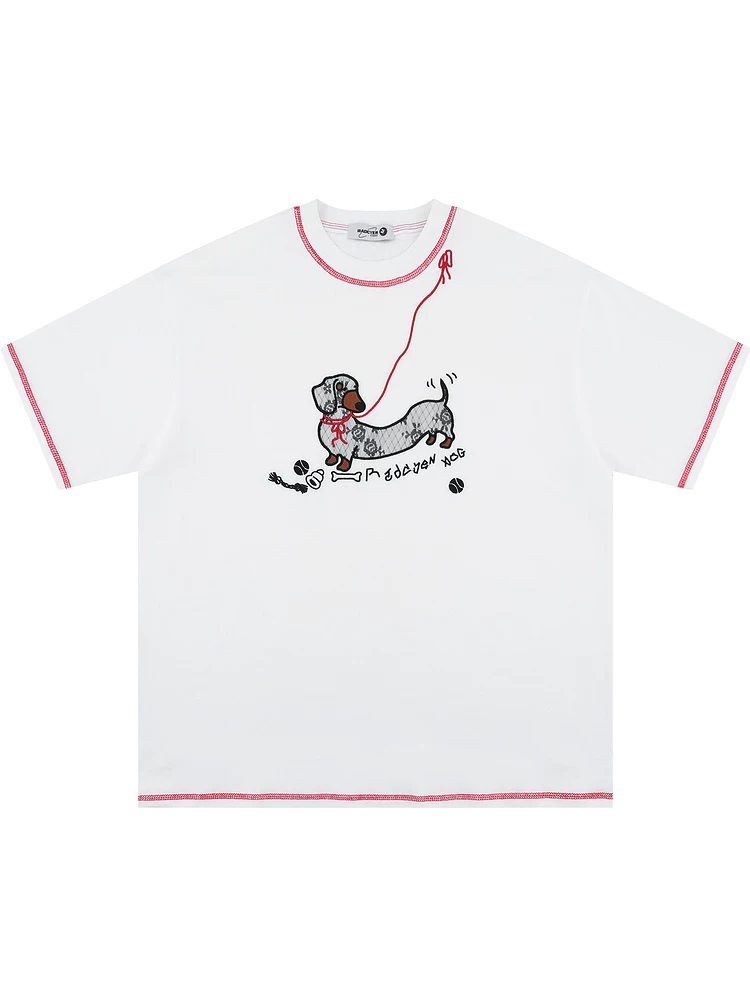 From Mars Leash Dog Phong cách Hàn Quốc Thiết kế thêu thích hợp Cổ tròn Áo thun ngắn tay dáng rộng đa năng mùa hè