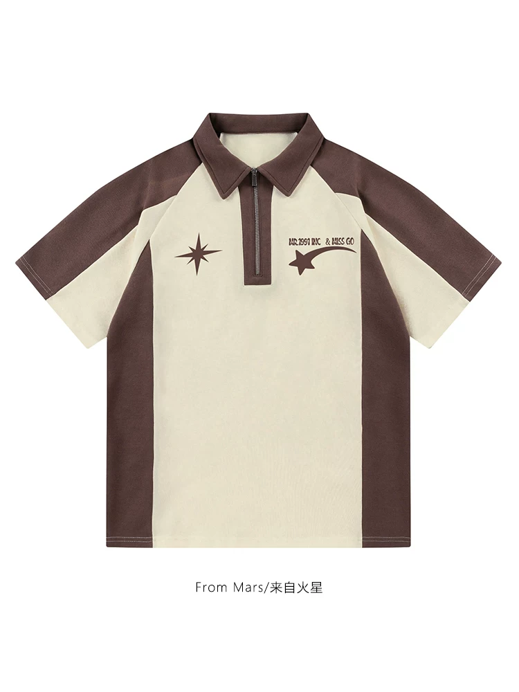 Từ sao Hỏa Hạ cánh trên sao băng Thương hiệu thời thượng Phong cách retro Chữ Graffiti Khối màu Cổ áo POLO Tay ngắn dáng rộng Phong cách đường phố Unisex