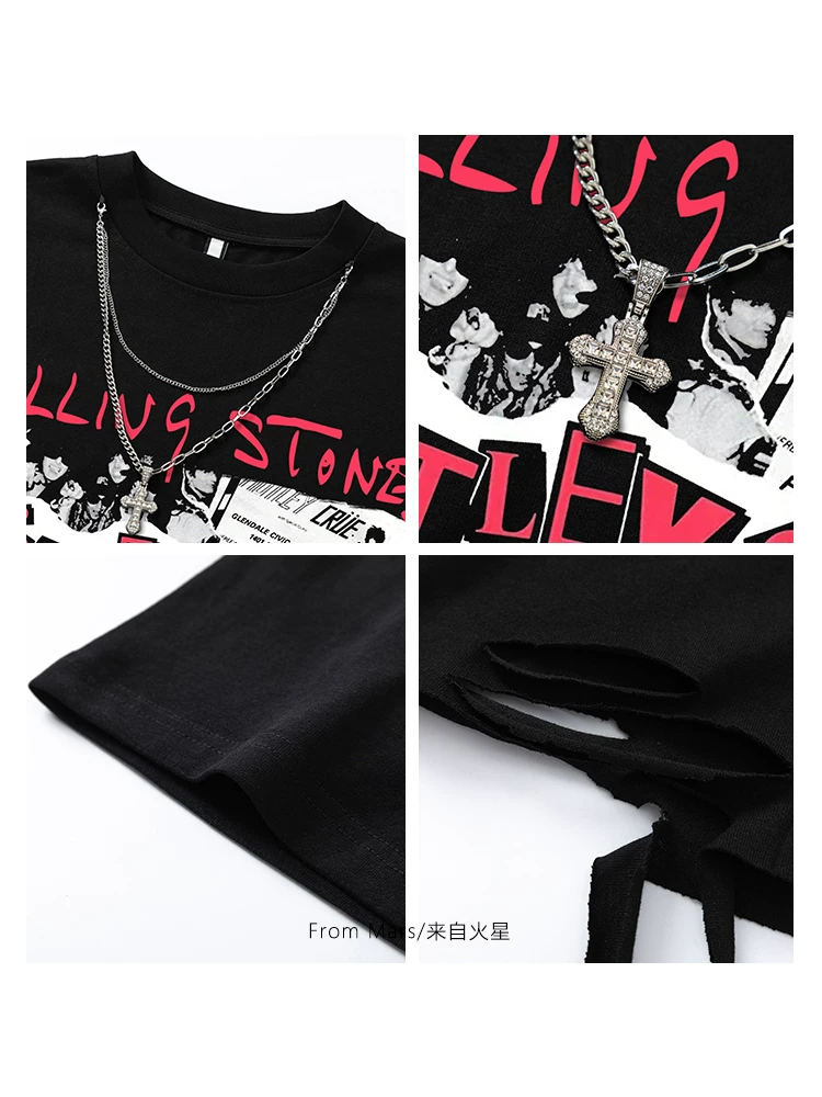 Từ sao Hỏa trở lại với đám đông, mặt dây chuyền hip-hop đường phố thời thượng, áo thun ngắn tay rách, dáng rộng, phong cách cặp đôi BF.