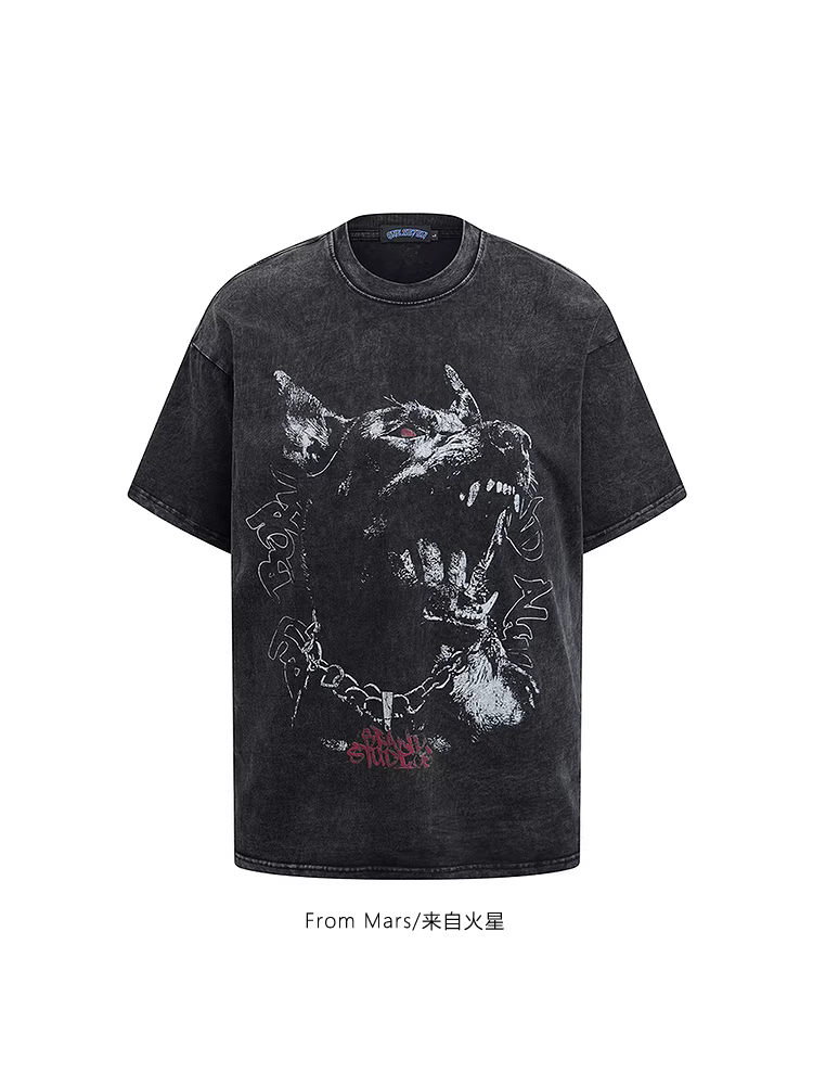 From Mars Wolf Power Áo thun ngắn tay họa tiết đầu sói cá tính phong cách Hip-Hop mùa hè rộng rãi đa năng dành cho nam và nữ BF