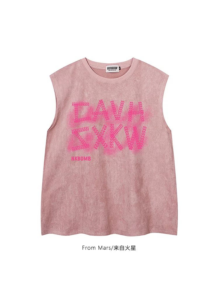Từ sao Hỏa Áo vest không tay in chữ mùa hè mát mẻ và sảng khoái Unisex Áo thun không tay đa năng dáng rộng hợp thời trang