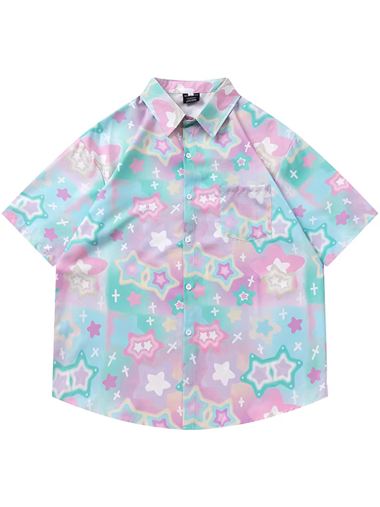 Từ sao Hỏa Bầu trời đầy sao mơ mộng Phong cách Hồng Kông Áo sơ mi ngắn tay in hình ngôi sao đường phố Áo sơ mi dáng rộng có cổ thông thường