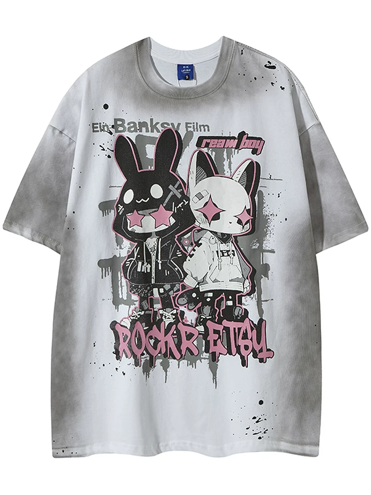 Từ sao Hỏa Sức sống và sự đổi mới Mùa hè xu hướng quốc gia Thương hiệu Retro Rabbit Graffiti Áo thun ngắn tay dáng rộng dành cho cặp đôi Ins