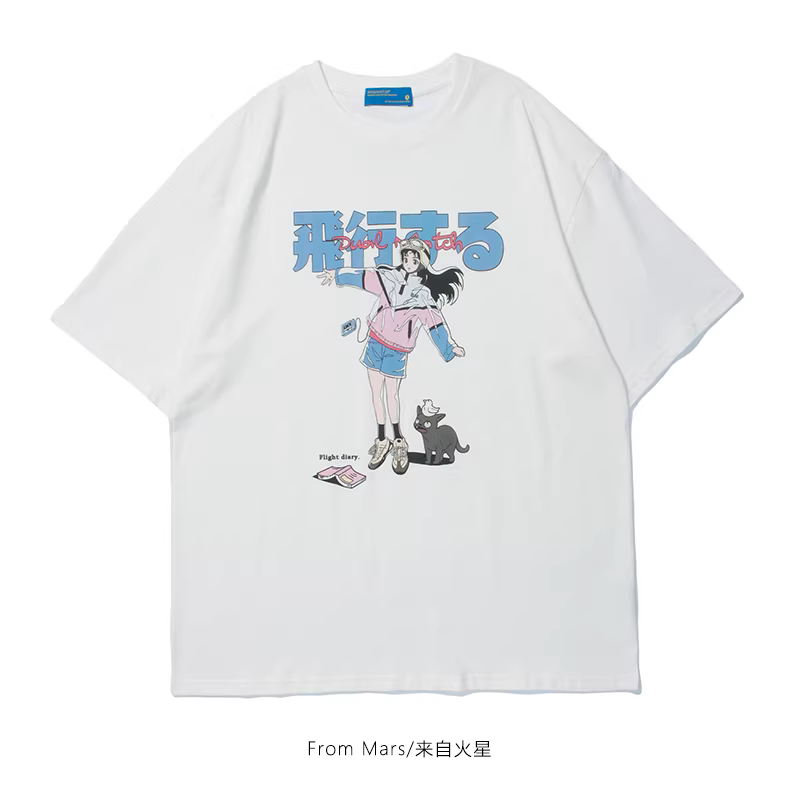 Từ Mars Flying Girl and Her Cat Phong cách cổ điển Nhật Bản JK Print Phong cách Harajuku Tay áo ngắn dáng rộng Ins