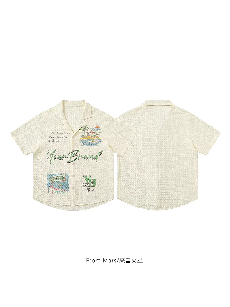 Từ Mars Seaside Beach Summer Fun Print Áo sơ mi cổ Cuba dáng rộng tay ngắn Unisex Ins