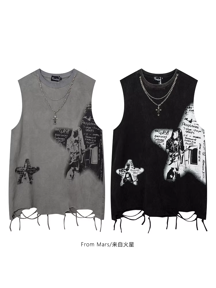 From Mars Guitar Dream Trendy Hip-Hop Star Print Design Necklace Washed Loose Tank Top Ins