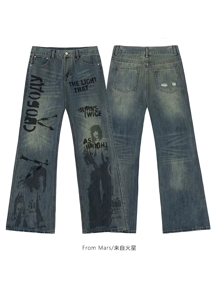 Quần jean nữ phong cách Mỹ cổ điển, in họa tiết, rách cá tính, dáng rộng, đa năng, chất liệu denim