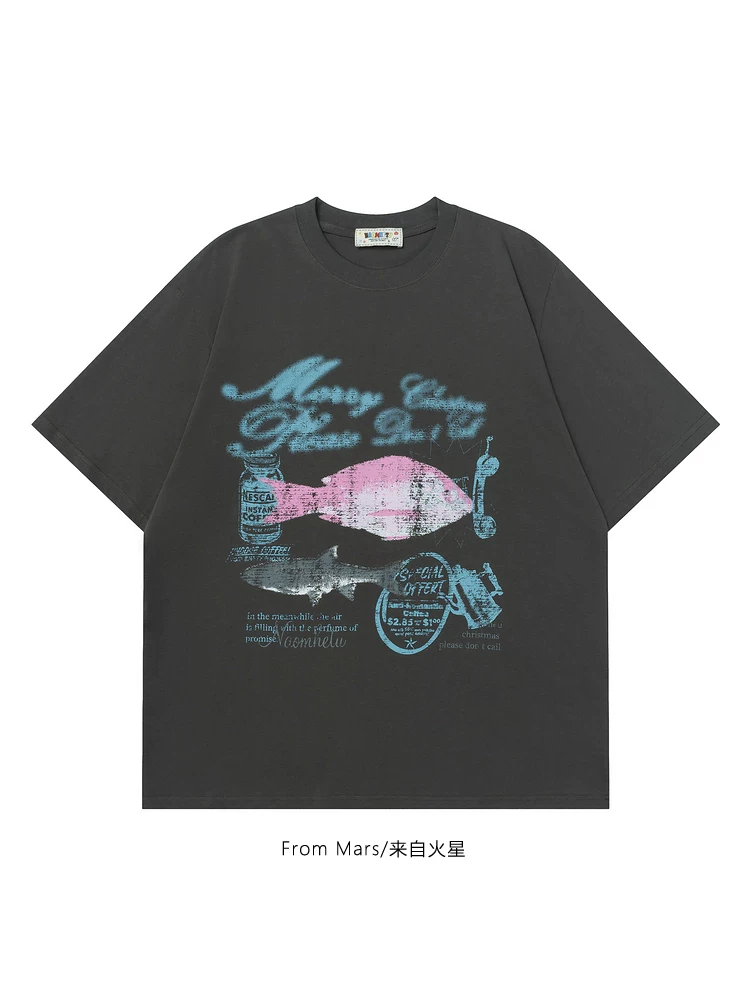 From Mars Fish's Memory Phong cách Harajuku Nhật Bản In mờ Áo thun cổ tròn dáng rộng dành cho cặp đôi Áo thun ngắn tay mùa hè