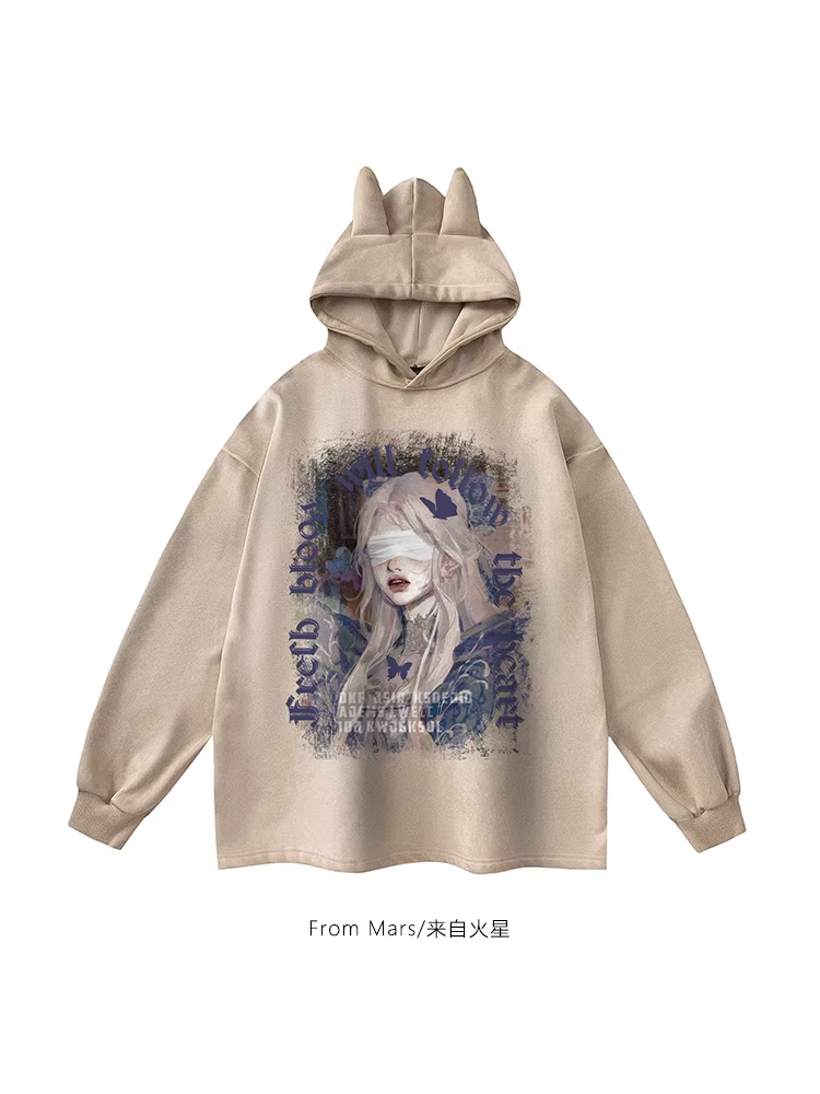 From Mars Blindfolded European Retro Character Letter Graffiti Hoodie Loose Couple Fleece-lined BF