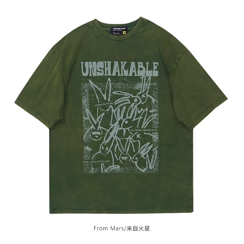 From Mars Crowded Rabbit Dark Style Animal Letter Print Áo thun ngắn tay cổ tròn dáng rộng phong cách đường phố BF