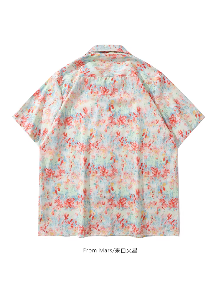 Từ sao Hỏa, màu sắc tươi sáng, thiết kế cổ điển theo phong cách Hồng Kông, in họa tiết toàn thân, áo sơ mi ngắn tay dáng rộng thông thường mùa hè dành cho cả nam và nữ