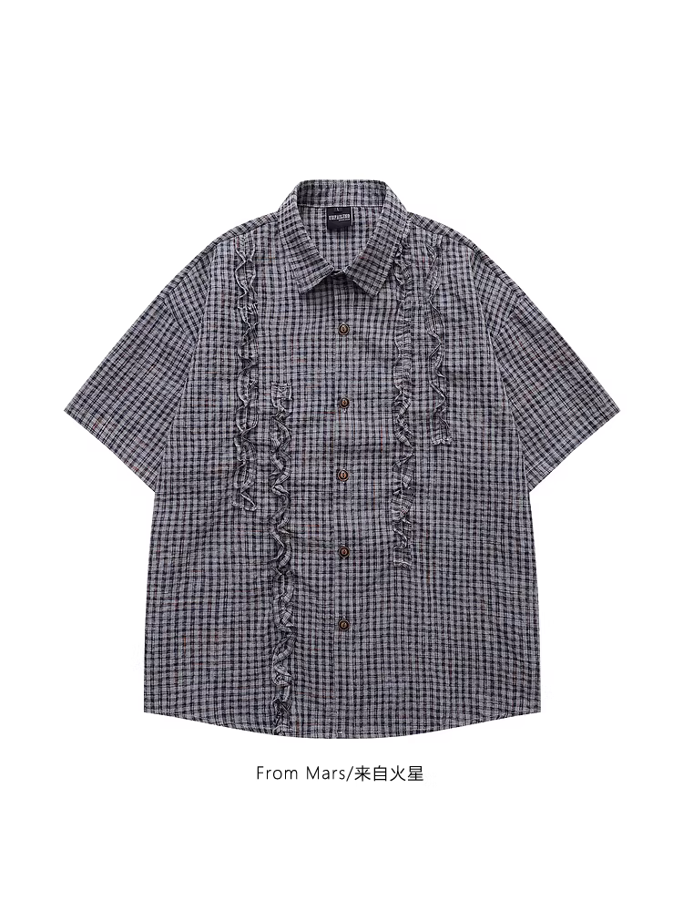 Từ sao Hỏa có một kế hoạch tuyệt vời. Áo sơ mi ngắn tay dáng rộng kiểu Hàn Quốc sang trọng, kiểu dáng lười biếng mùa hè.