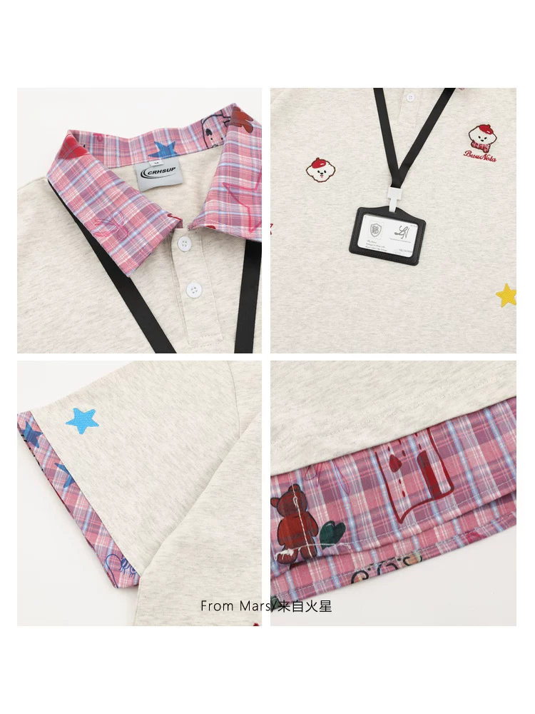 From Mars Happy Puppy Fake Two-Piece College Style Áo thun ngắn tay cổ polo dáng rộng Unisex Top BF