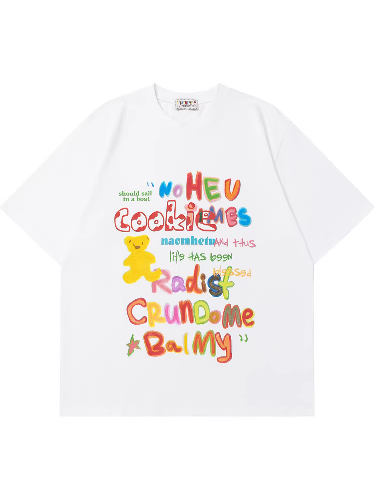 From Mars Bear Cookies Street In chữ đầy màu sắc Phong cách mới Áo thun ngắn tay dáng rộng đa năng cho mùa hè
