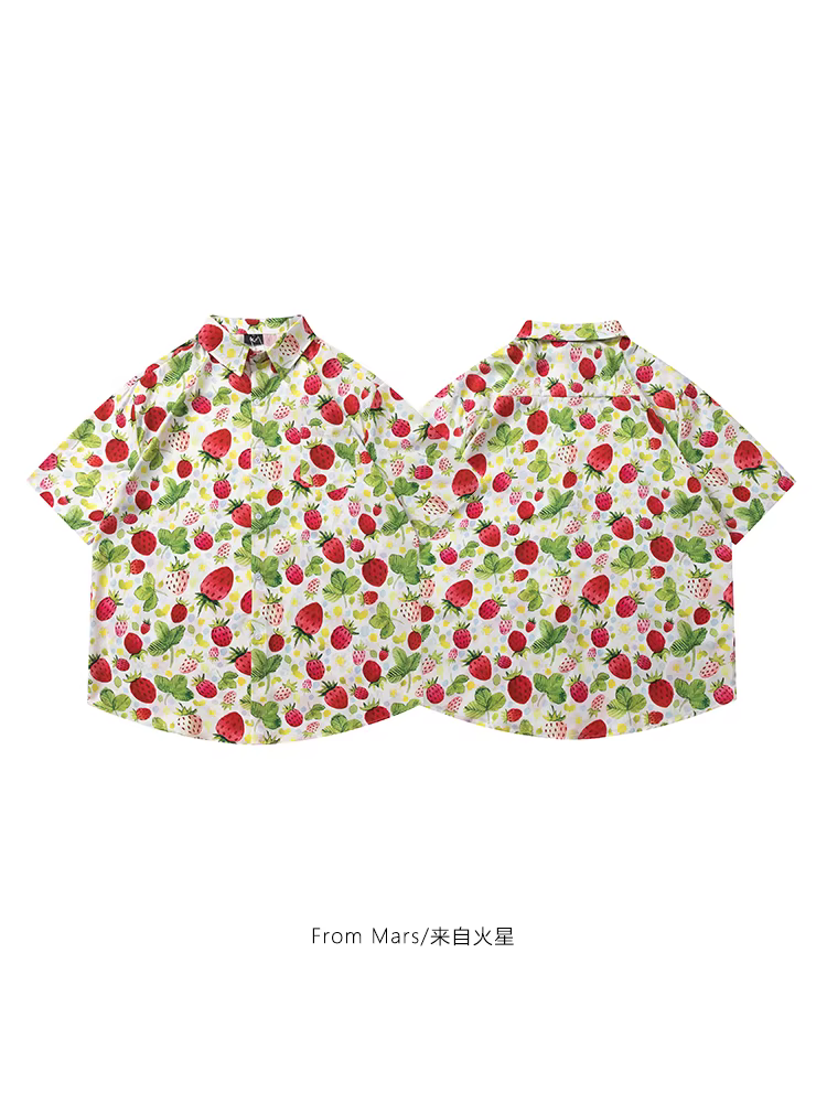 From Mars Sweet Little Strawberry Phong cách Harajuku Nhật Bản Áo sơ mi ngắn tay in hình dâu tây toàn thân dáng rộng cho cặp đôi