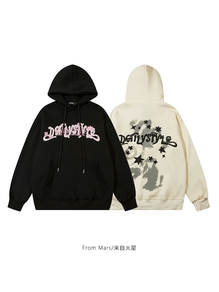 From Mars Dreamy Magic American Retro Letter Print Áo hoodie lót lông cừu dáng rộng dành cho cặp đôi thường ngày