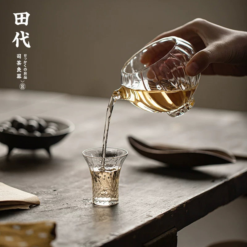 Bộ ấm trà Kung Fu bằng thủy tinh borosilicate chịu nhiệt cao cấp Tian Dai, họa tiết sọc dọc, chén chia trà, chén uống trà, dụng cụ pha trà gia dụng.