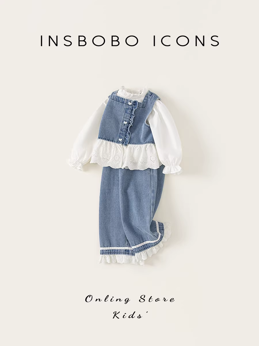 Bộ đồ bé gái INSbobo thu đông 2025, quần áo trẻ em, bộ denim ba món, thời trang đầu thu
