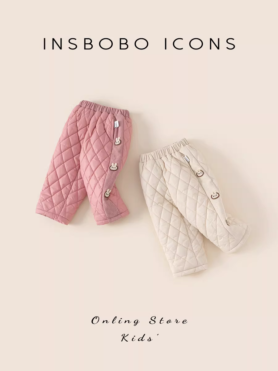 Quần bé gái INSbobo thu đông 2024 mới dày dặn họa tiết hoạt hình chất liệu cotton quần bé gái mặc thường ngày giữ ấm mùa đông