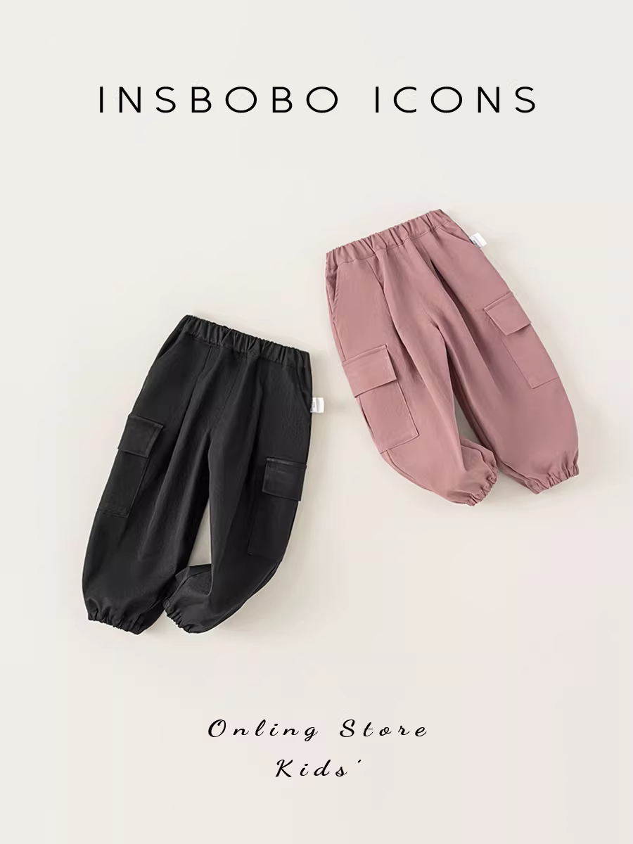 Quần bé gái INSbobo thu đông 2025, quần cargo trẻ em mới, quần dài bé trai phong cách thường ngày