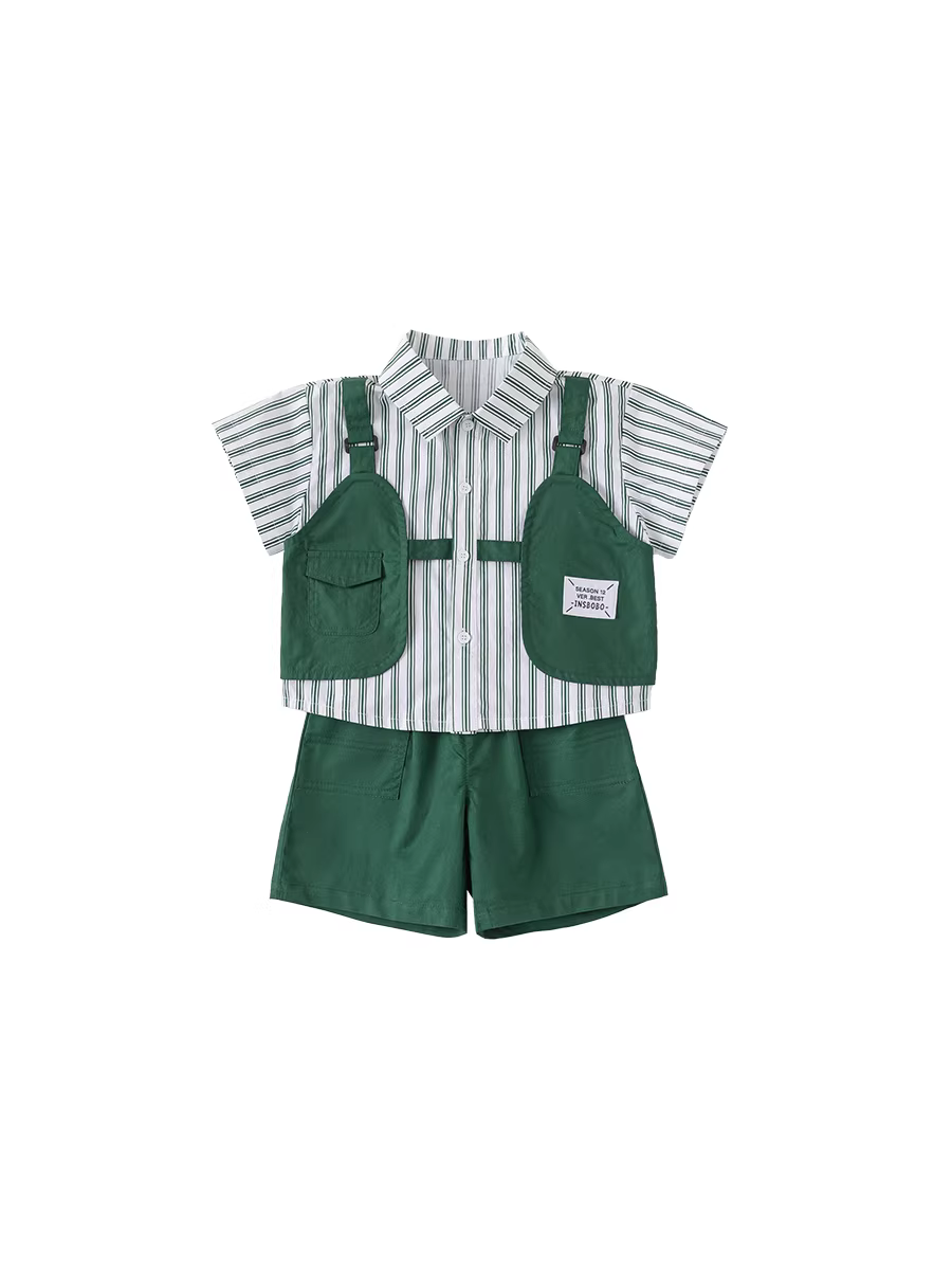 Bộ đồ bé trai INSbobo mùa hè 2025, trang phục thời trang, quần áo trẻ em hợp xu hướng, áo sơ mi trẻ em hai mảnh, phong cách thời trang thường ngày