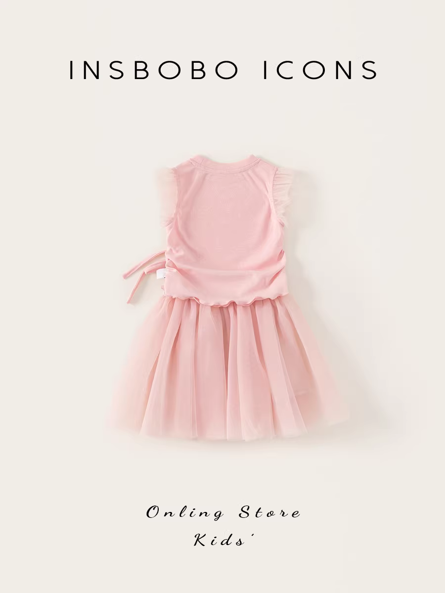 Bộ đồ bé gái INSbobo hè 2025 kiểu mới, đầm hè bé gái, chân váy lưới hai mảnh, quần áo trẻ em