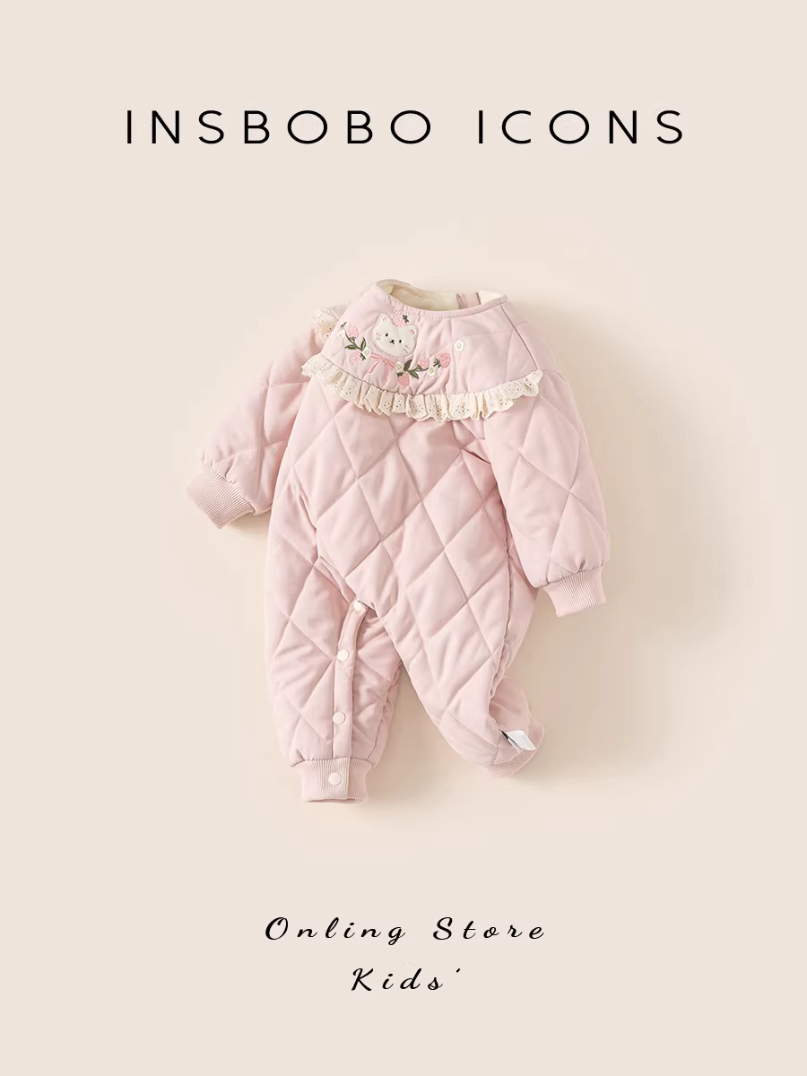 Quần áo thu đông INSbobo cho bé sơ sinh năm 2025, mẫu mới dày dặn, lót lông cừu, dành cho bé gái tập bò