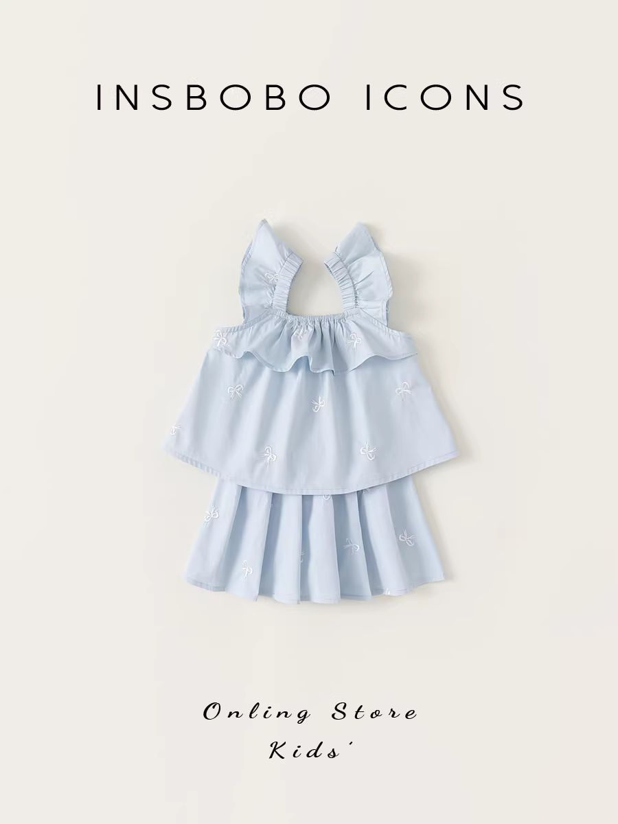 Bộ trang phục mùa hè INSbobo dành cho bé gái, áo vest không tay tay bồng, chân váy ngắn hai mảnh, kiểu dáng ngọt ngào và sành điệu