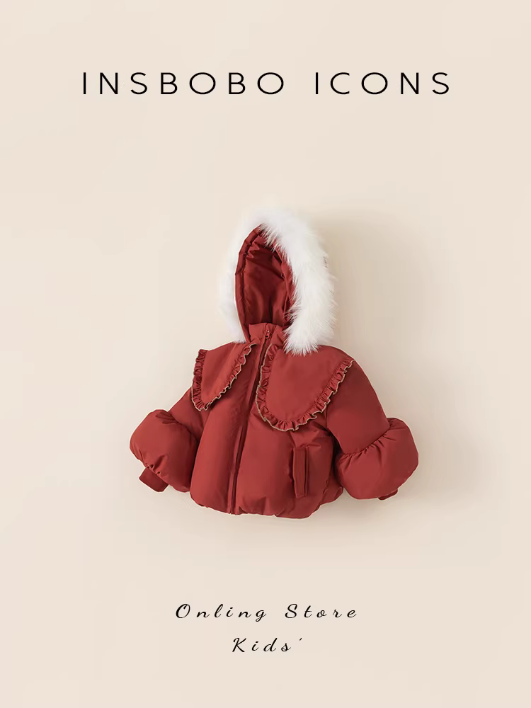 Áo khoác phao bé gái kiểu mới 2024, áo khoác phao mùa đông cho bé gái, tay đèn lồng màu đỏ, trang phục Tết thời trang