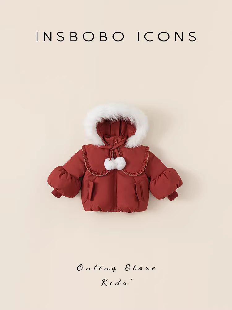 Áo khoác phao bé gái kiểu mới 2024, áo khoác phao mùa đông cho bé gái, tay đèn lồng màu đỏ, trang phục Tết thời trang