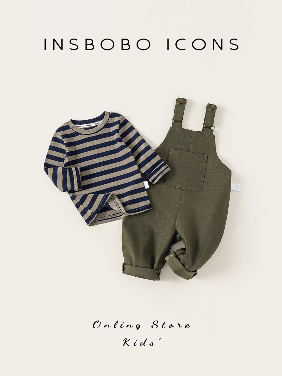 Bộ đồ thu đông INSbobo dành cho bé gái 2025, bộ đồ kẻ sọc phối màu mới cho bé trai, bộ đồ liền thân thời trang