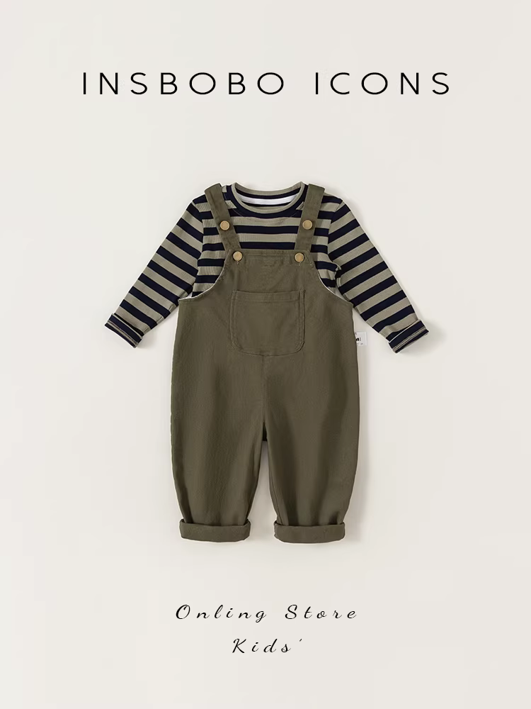Bộ đồ thu đông INSbobo dành cho bé gái 2025, bộ đồ kẻ sọc phối màu mới cho bé trai, bộ đồ liền thân thời trang