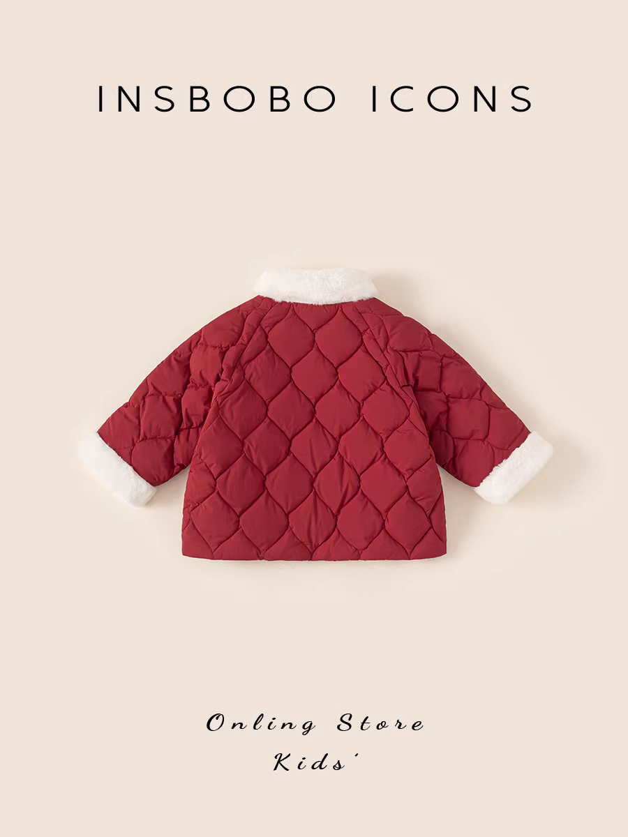 Áo khoác phao INSbobo cho bé gái mùa đông 2025, dày dặn ấm áp, cổ lông thú, thời trang mùa đông cho bé gái