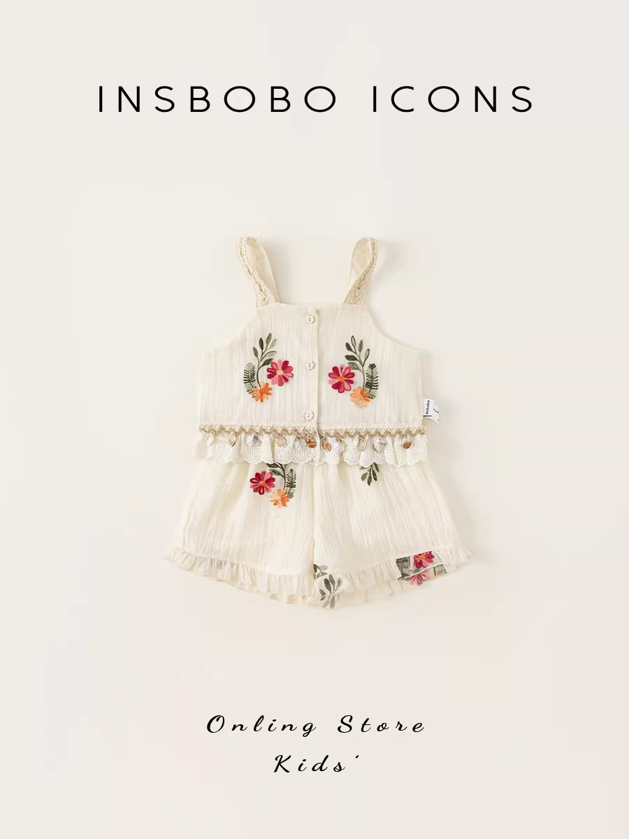 Quần áo mùa hè cho bé gái, bộ đồ mùa hè cho bé gái, quần áo trẻ em, dây đeo phong cách mùa hè, bộ đồ hai mảnh bằng vải lưới, quần áo trẻ em cho bé gái