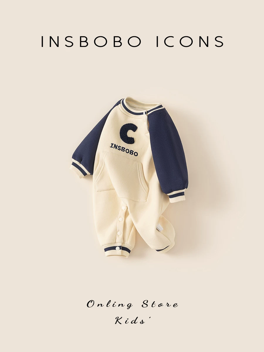 Quần áo trẻ em INSbobo thu đông 2025, bộ liền thân dày dặn mới cho bé trai, trẻ sơ sinh và trẻ mới biết đi đi chơi mùa đông