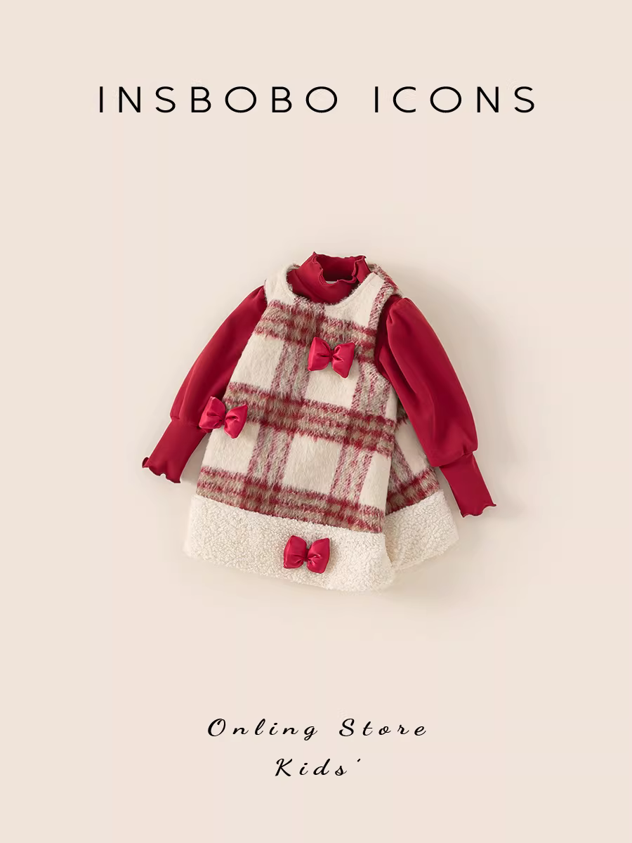 Trang phục năm mới của bé gái mùa đông váy phù hợp với bé gái với chất liệu lông cừu màu đỏ quần áo trẻ em váy dự tiệc sinh nhật Giáng sinh