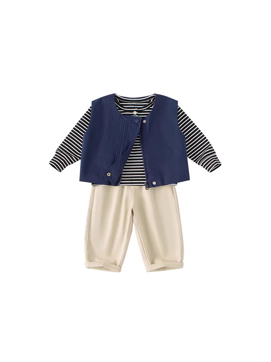 Bộ đồ bé trai INSbobo thu đông 2025 kiểu mới, áo thun dài tay bé gái, áo ghi lê bé trai, bộ ba món, quần áo thu đông trẻ em