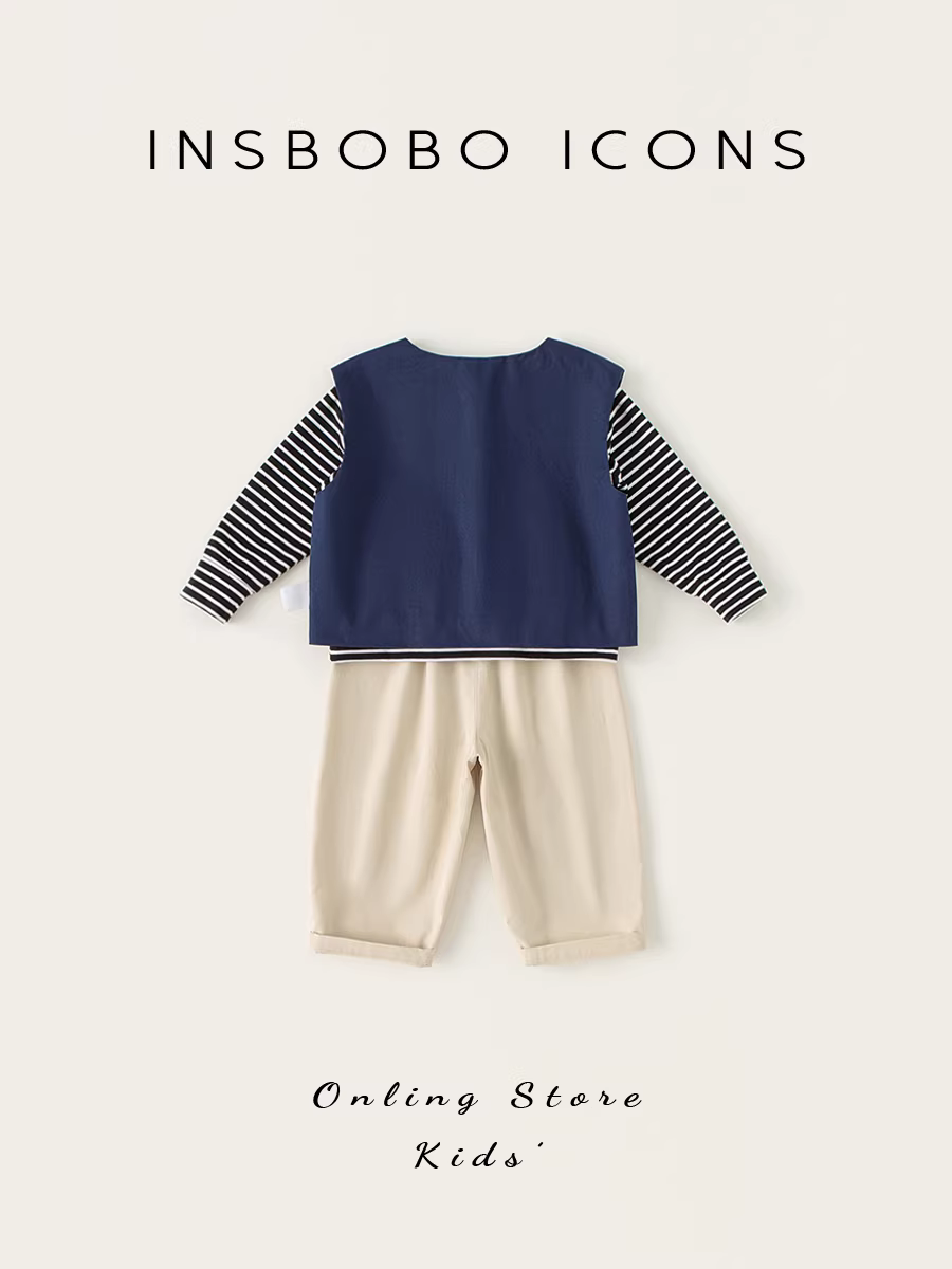 Bộ đồ bé trai INSbobo thu đông 2025 kiểu mới, áo thun dài tay bé gái, áo ghi lê bé trai, bộ ba món, quần áo thu đông trẻ em