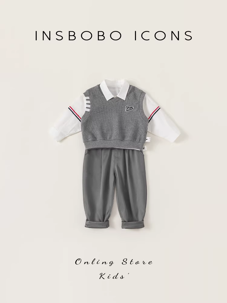 Bộ đồ INSbobo cho bé trai thu đông 2025, trang phục anh chị em, trang phục anh em gái, áo dài tay trẻ em phong cách học đường thời trang
