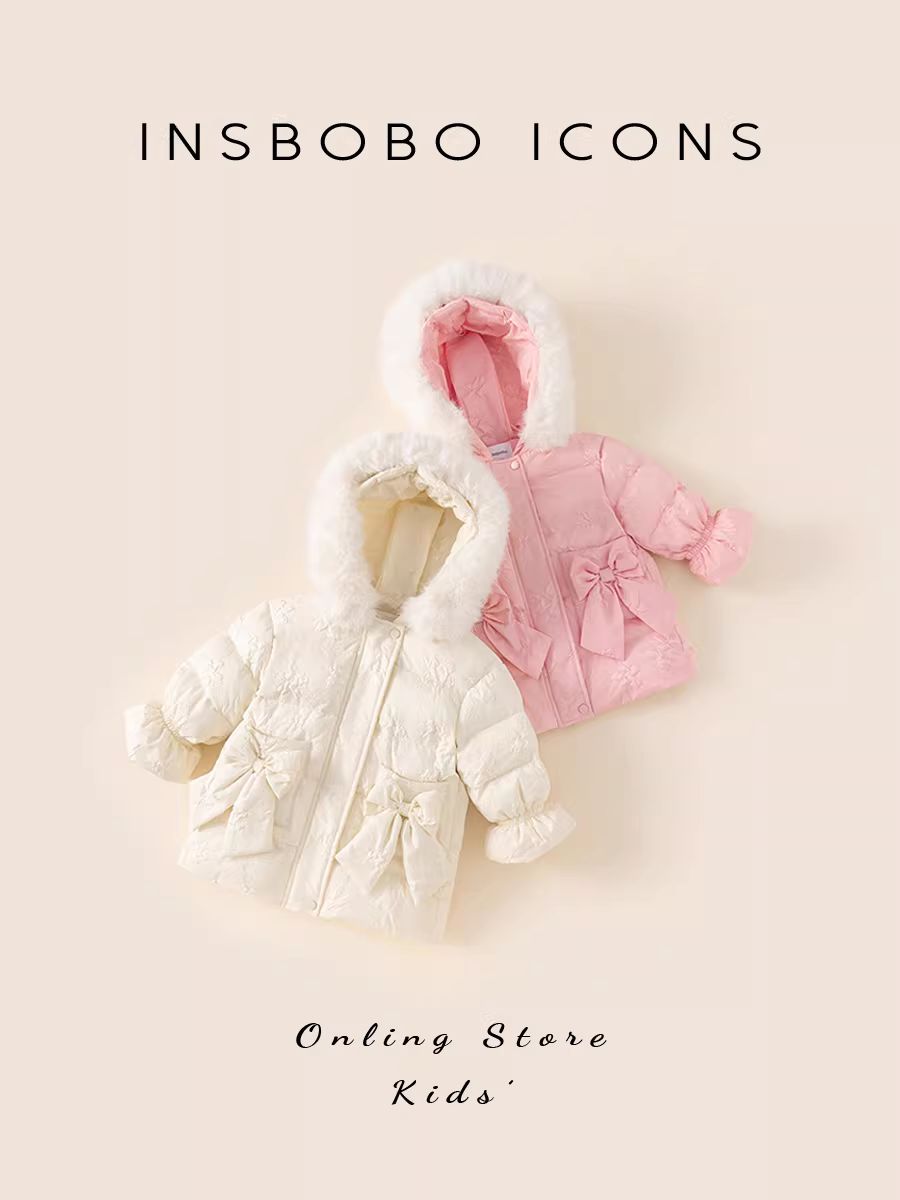 Áo khoác phao INSbobo cho bé gái, mẫu mới mùa đông 2024, kiểu dáng dài trung bình, dành cho bé gái, 90% lông vũ trắng, quần áo mùa đông