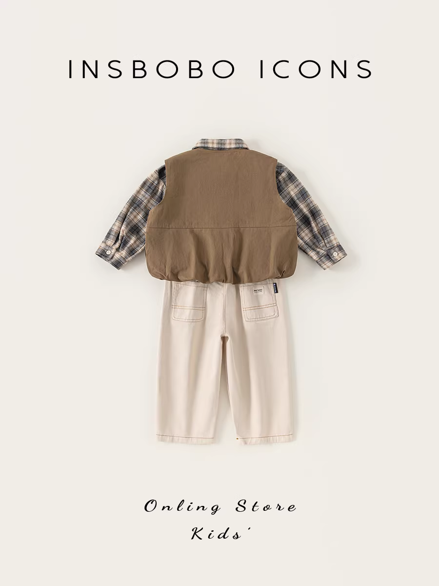 Bộ vest bé trai INSbobo thu đông 2025, thời trang trẻ em, áo ghi lê xuân thu ba món, kiểu dáng hiện đại