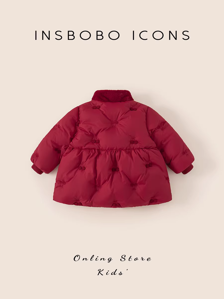 Quần áo cotton trẻ em INSbobo 2025, áo khoác mùa đông dày dặn cho bé, áo ấm màu đỏ mùa thu đông