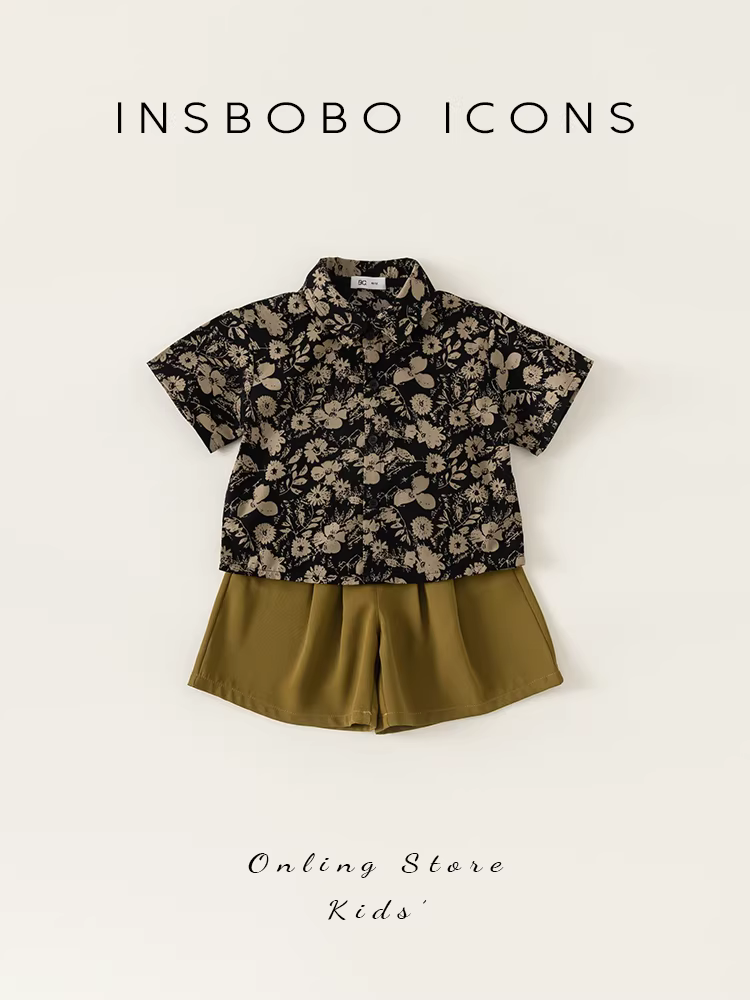 Bộ quần áo hè bé trai 2025 mới, thời trang trẻ em, áo sơ mi hoa, quần áo hè mát mẻ cho bé trai