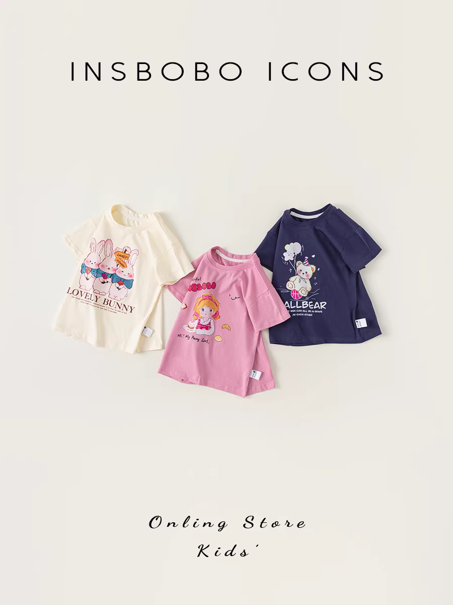 Áo thun ngắn tay in hình hoạt hình INSbobo dành cho bé gái, trang phục mùa hè cho bé trai 2024 kiểu dáng mới năng động, áo trẻ em thường ngày