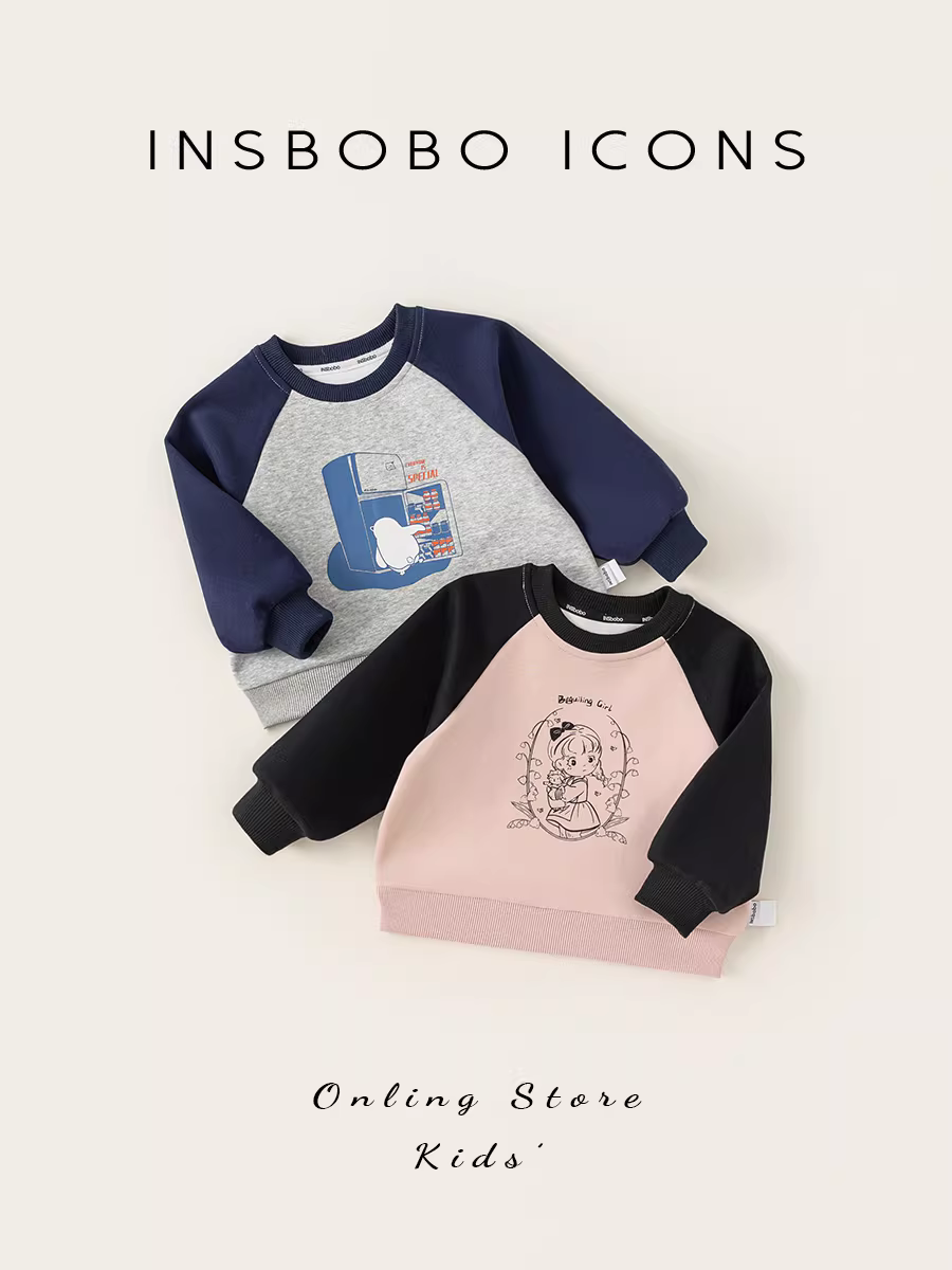 Áo thun bé gái INSbobo thu đông 2025 kiểu mới, áo bé trai tay raglan, áo hoạt hình trẻ em, áo dài tay bé gái